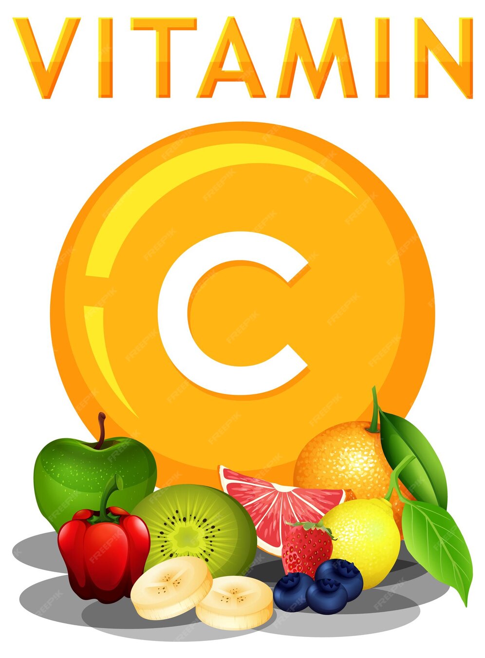 yellow circle with a C in the middle and images of foods rich in vitamin c